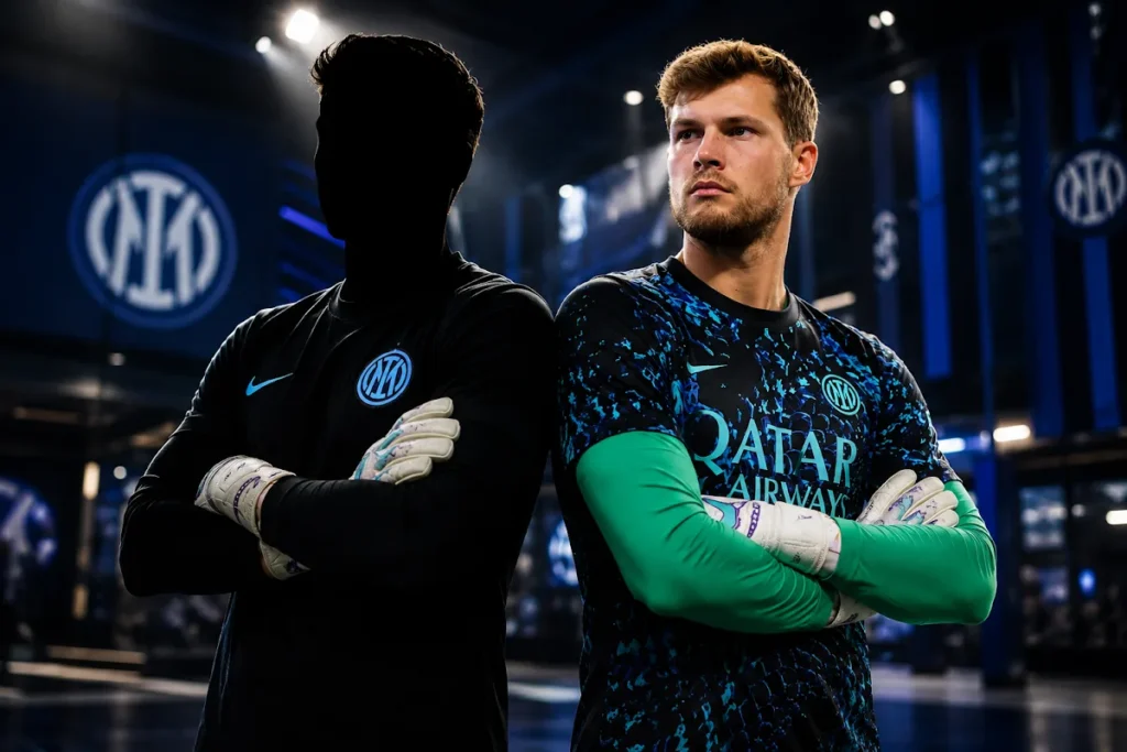 Martinez dell'Inter in maglia da allenamento, con guantoni bianchi e braccia conserte nello stadio