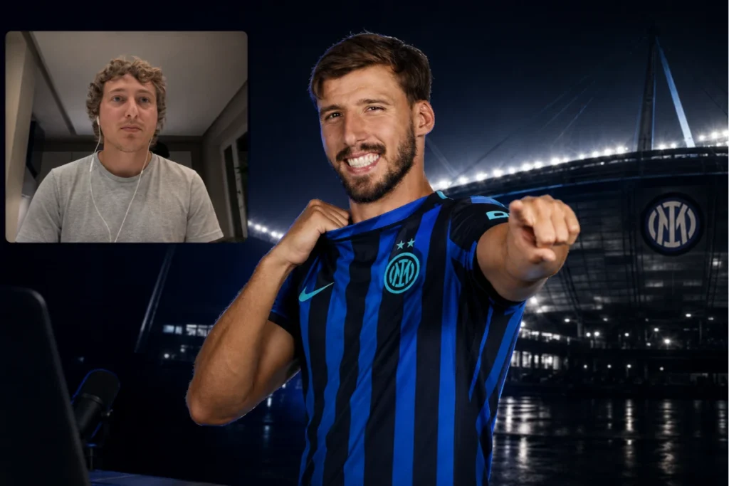 Ruben Dias con la maglia dell'Inter davanti allo stadio illuminato