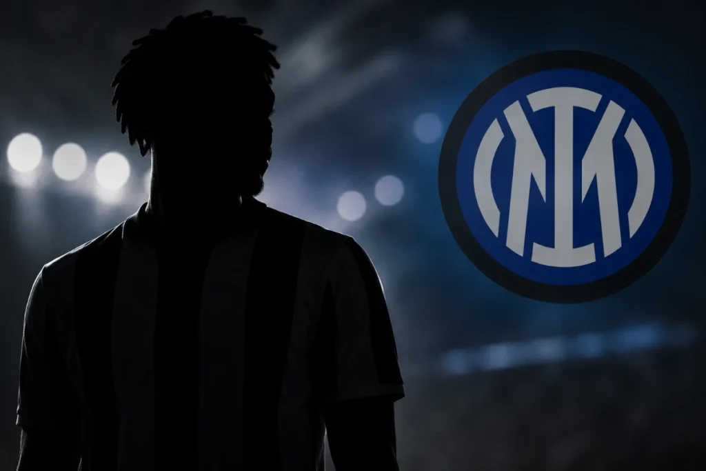 Silhouette di un giocatore Inter di spalle con lo stemma nerazzurro illuminato sullo sfondo