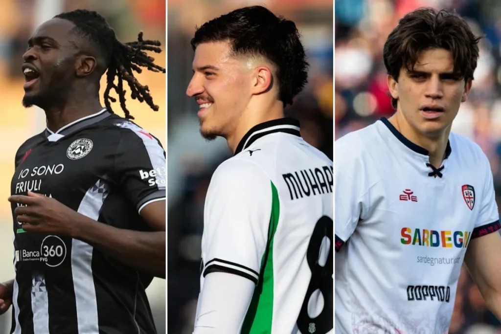 Tre calciatori in azione durante partite di calcio: giocatore con dreadlock in maglia nera Friuli, calciatore con numero 10 in maglia bianca Muharemovic, e attaccante in maglia bianca Sardegna