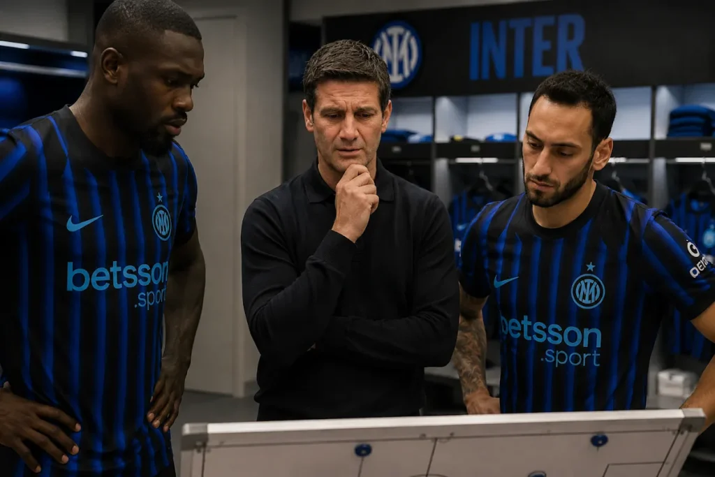 Thuram e Calhanoglu nello spogliatoio dell'Inter con Chivu durante un briefing tattico