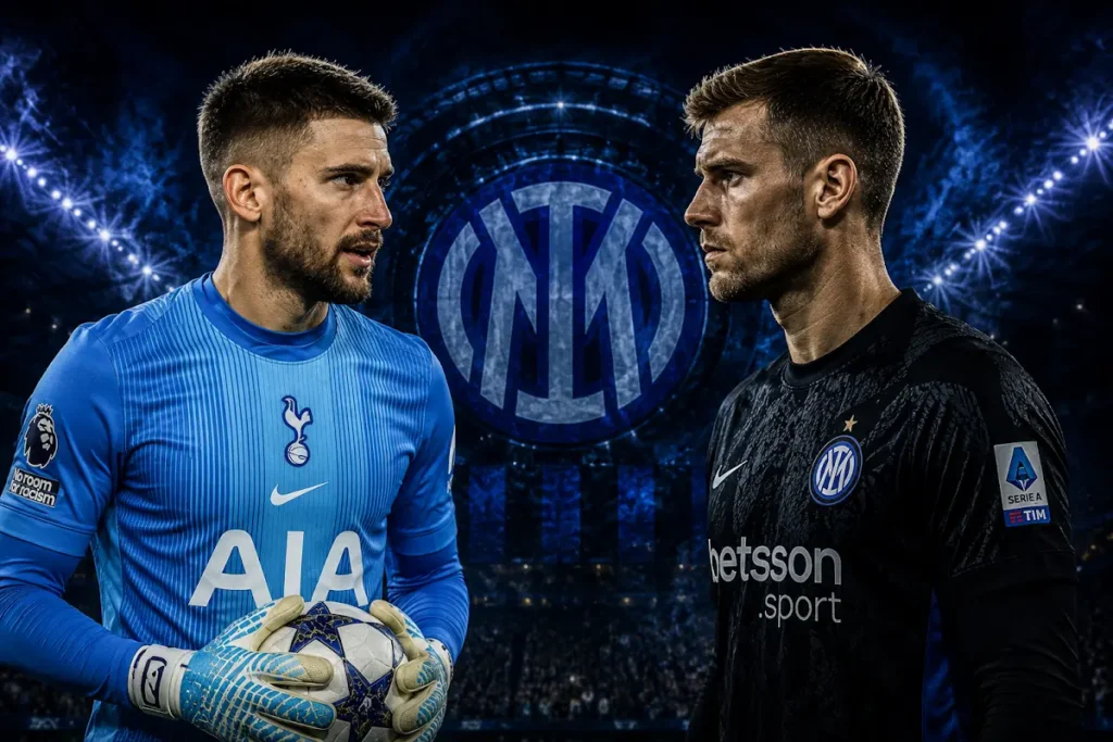Vicario in divisa Tottenham e Martinez in maglia Inter con il pallone, sfondo con logo Inter illuminato