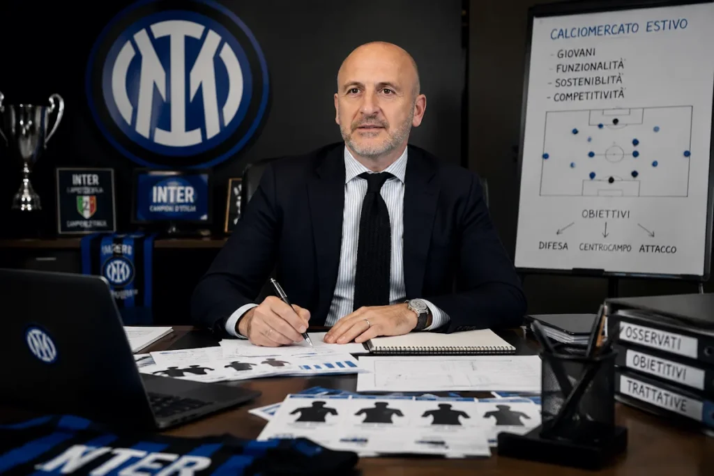 Ausilio in ufficio Inter durante il calciomercato estivo, con taccuino e schemi tattici visibili sulla scrivania