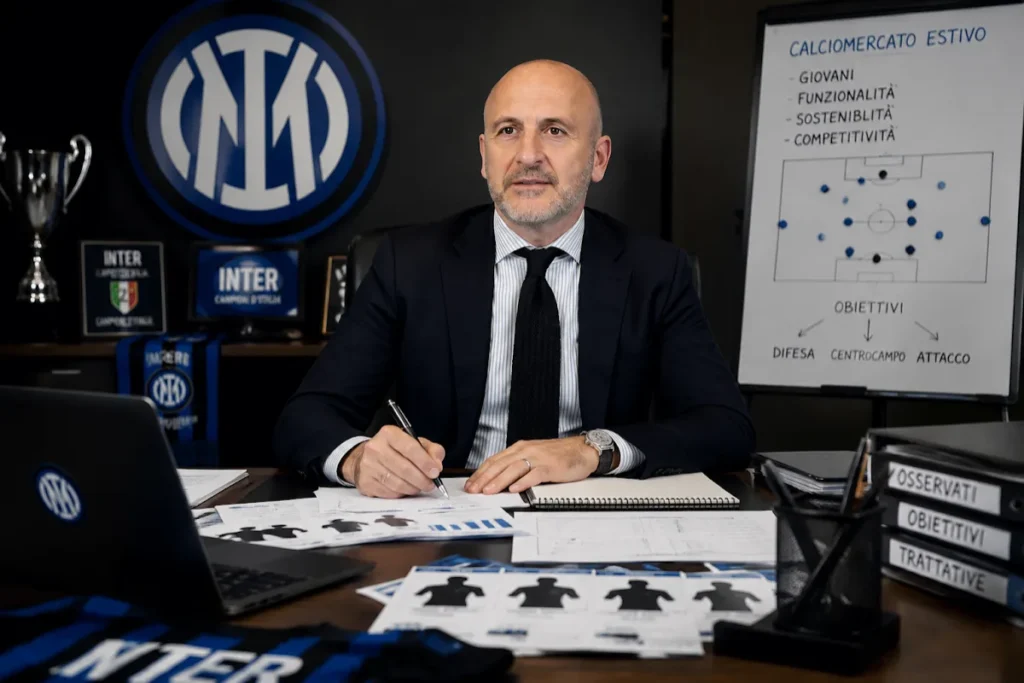Piero Ausilio, direttore sportivo Inter, al lavoro alla scrivania con laptop, schemi tattici e documenti di calciomercato
