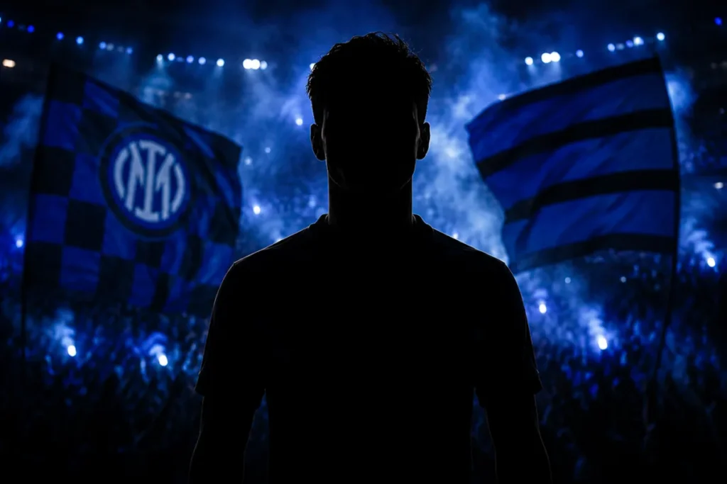 Silhouette di calciatore davanti allo stadio dell'Inter illuminato di blu, simbolo del calciomercato nerazzurro