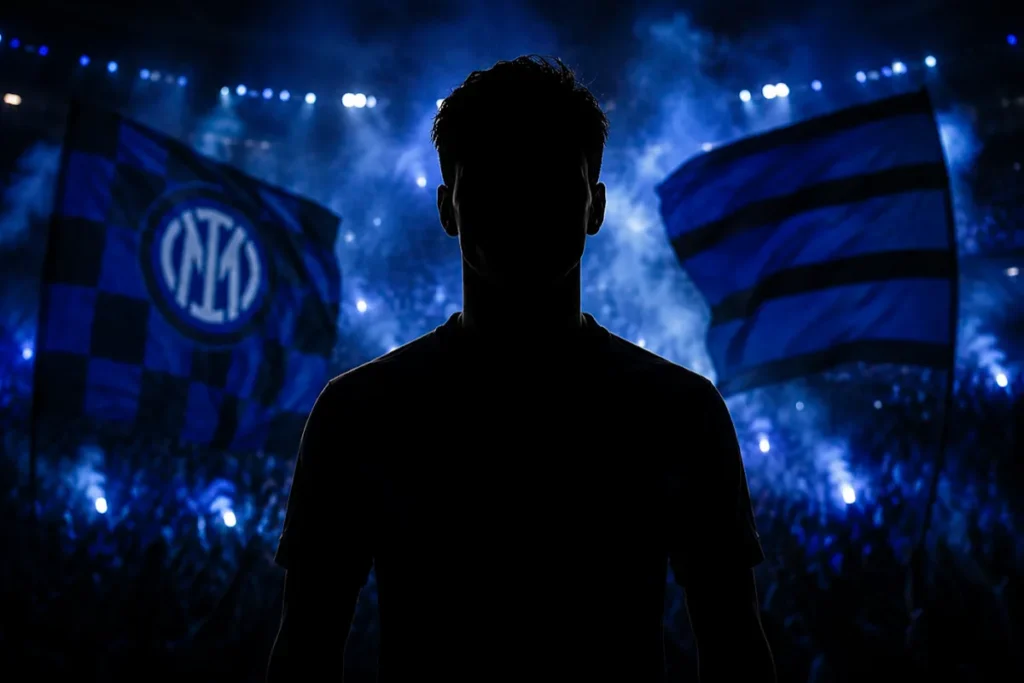Silhouette di calciatore di spalle davanti allo stadio Inter illuminato con bandiere nerazzurre sullo sfondo