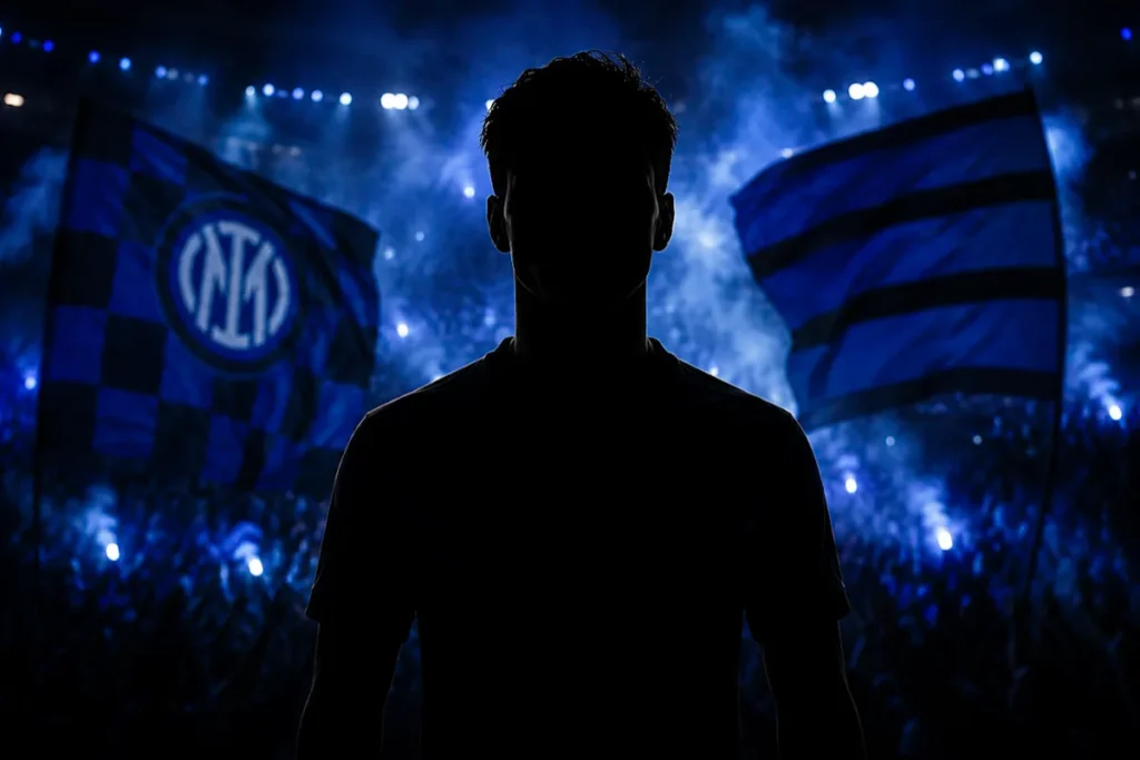 Silhouette di giocatore davanti allo stadio dell'Inter illuminato di blu, simbolo del calciomercato nerazzurro
