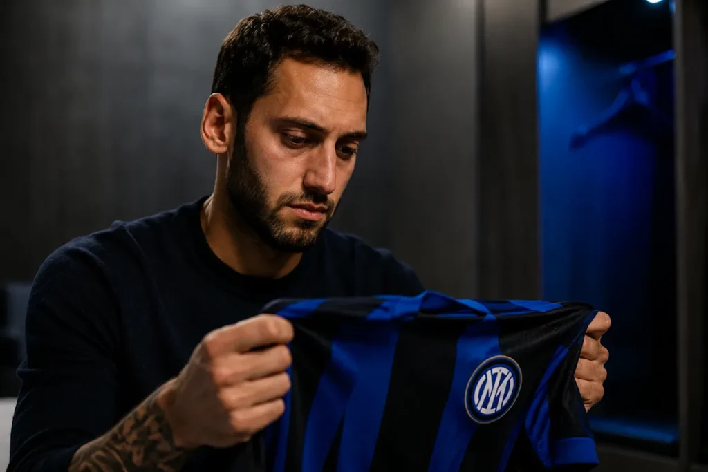Calhanoglu osserva attentamente la maglia dell'Inter con lo stemma nerazzurro