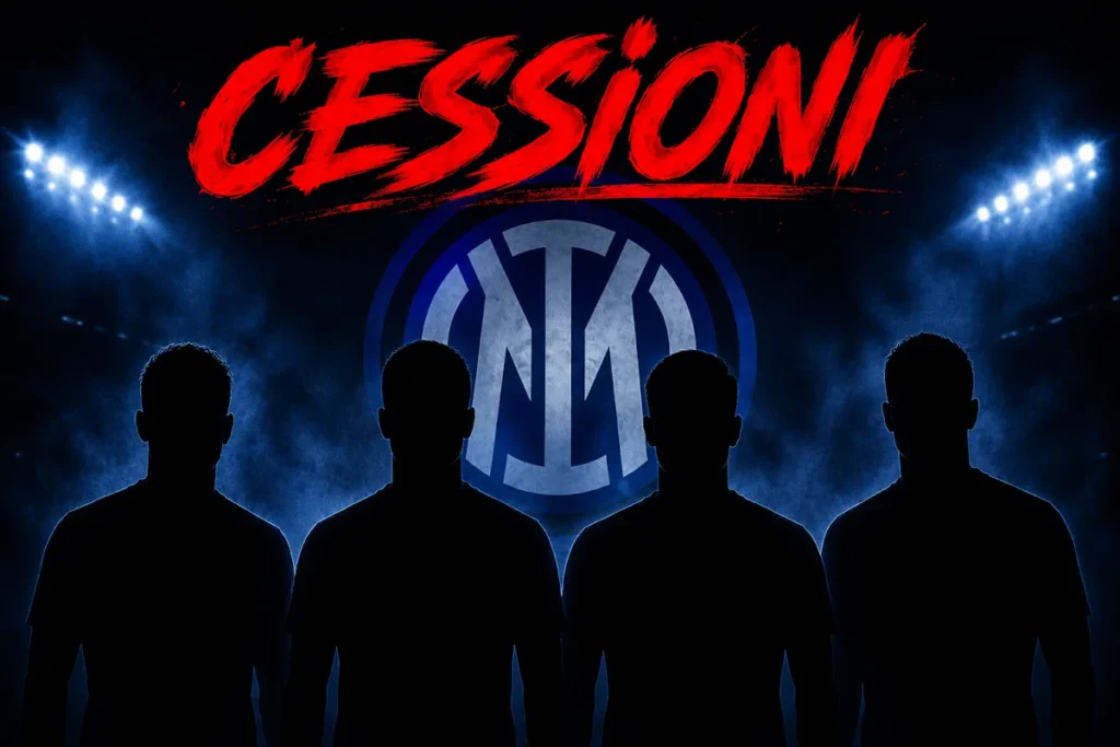 Silhouette di quattro giocatori dell'Inter con logo nerazzurro e scritta Cessioni su sfondo stadio illuminato