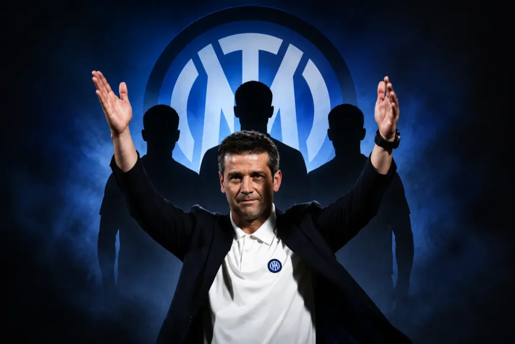 Chivu con le braccia alzate davanti al logo dell'Inter, in giacca nera e polo bianca con stemma nerazzurro