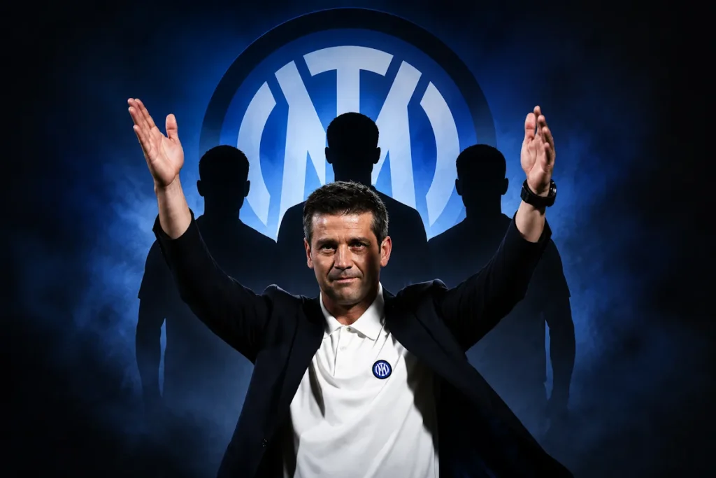 Chivu con braccia alzate in gesto di celebrazione davanti al logo dell'Inter in composizione grafica