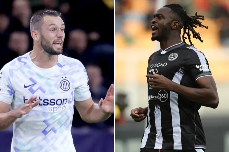 Stefan de Vrij in maglia Inter durante una partita, con espressione concentrata. Accanto a lui, Oumar Solet dell'Udinese