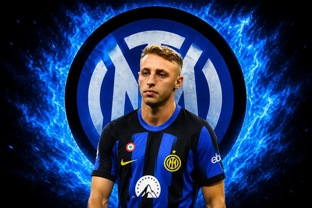Frattesi in maglia Inter con logo nerazzurro sullo sfondo