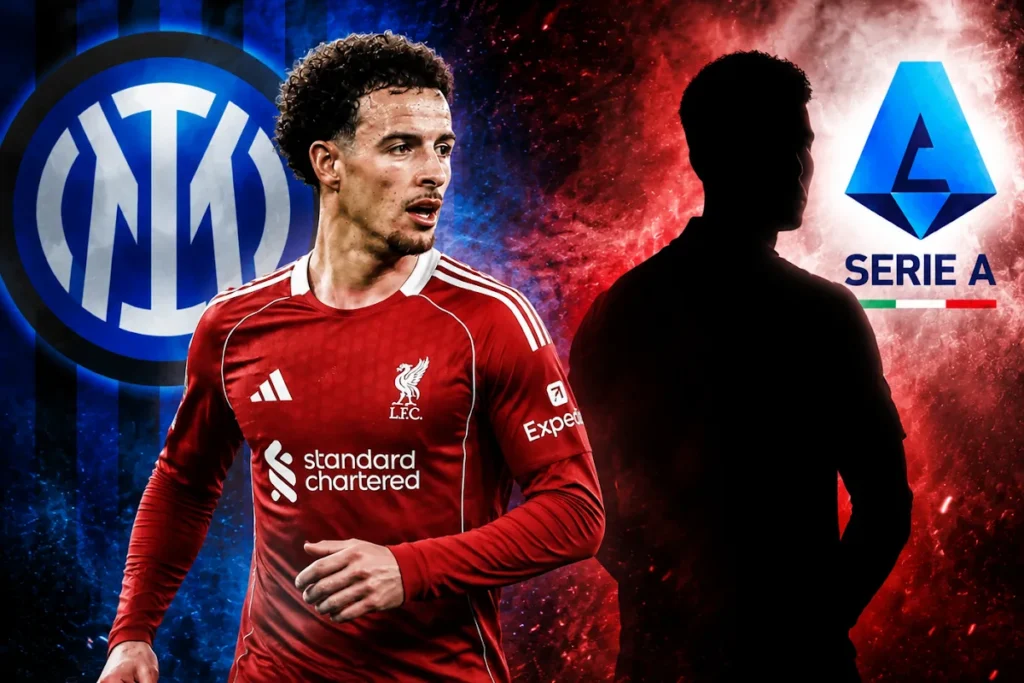 Cutis Jones in maglia Liverpool con logo Inter e Serie A sullo sfondo, tema mercato calcistico