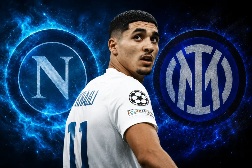 Khalaili in maglia Inter bianca numero 11, sfondo con loghi Napoli e Inter