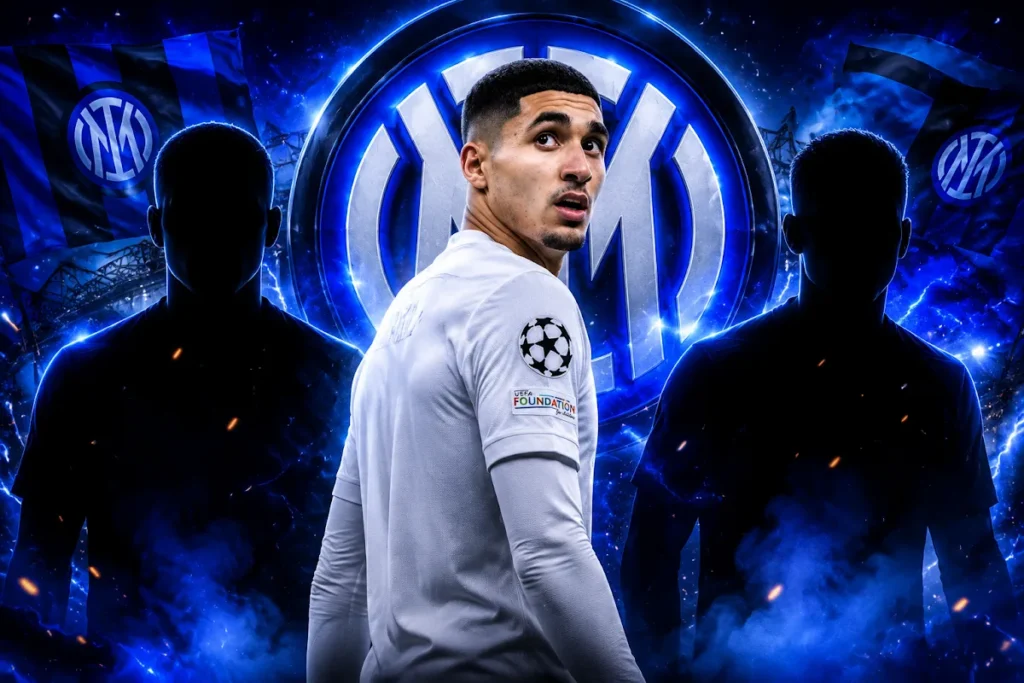 Khalaili in maglia bianca con logo Champions League, ritratto su sfondo blu con stemma nerazzurro