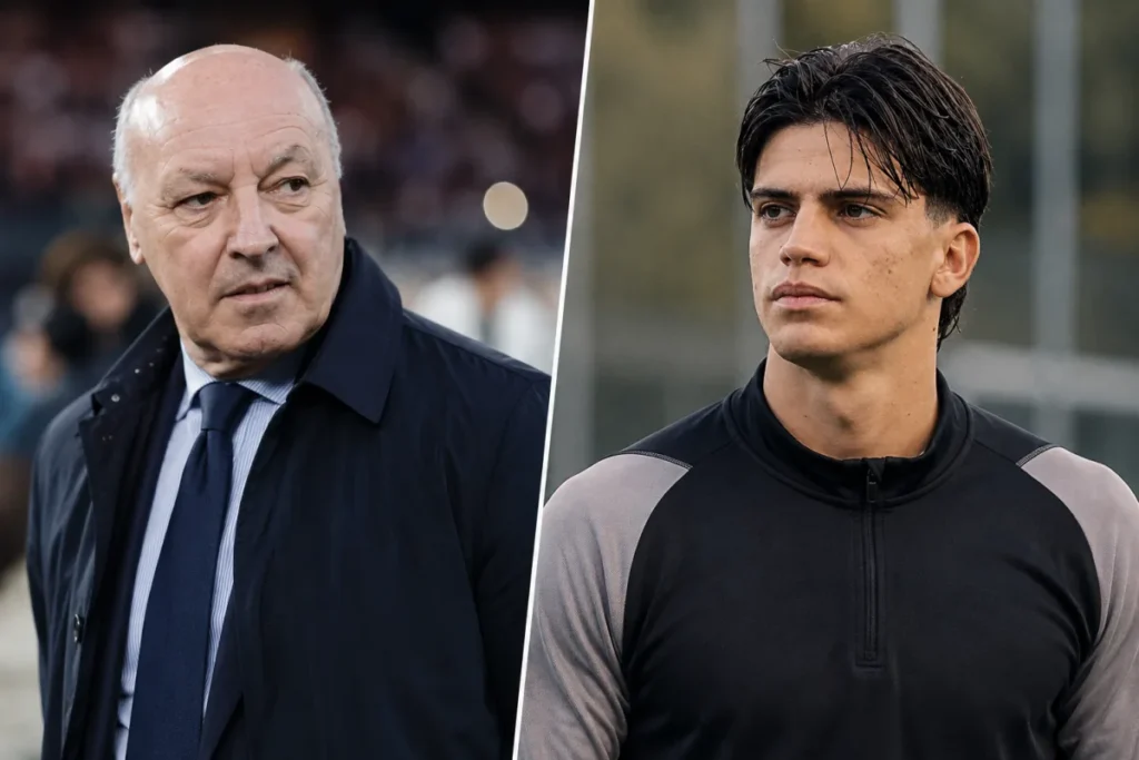 Beppe Marotta in abito scuro e cravatta blu accanto a giovane calciatore in tuta da allenamento nera