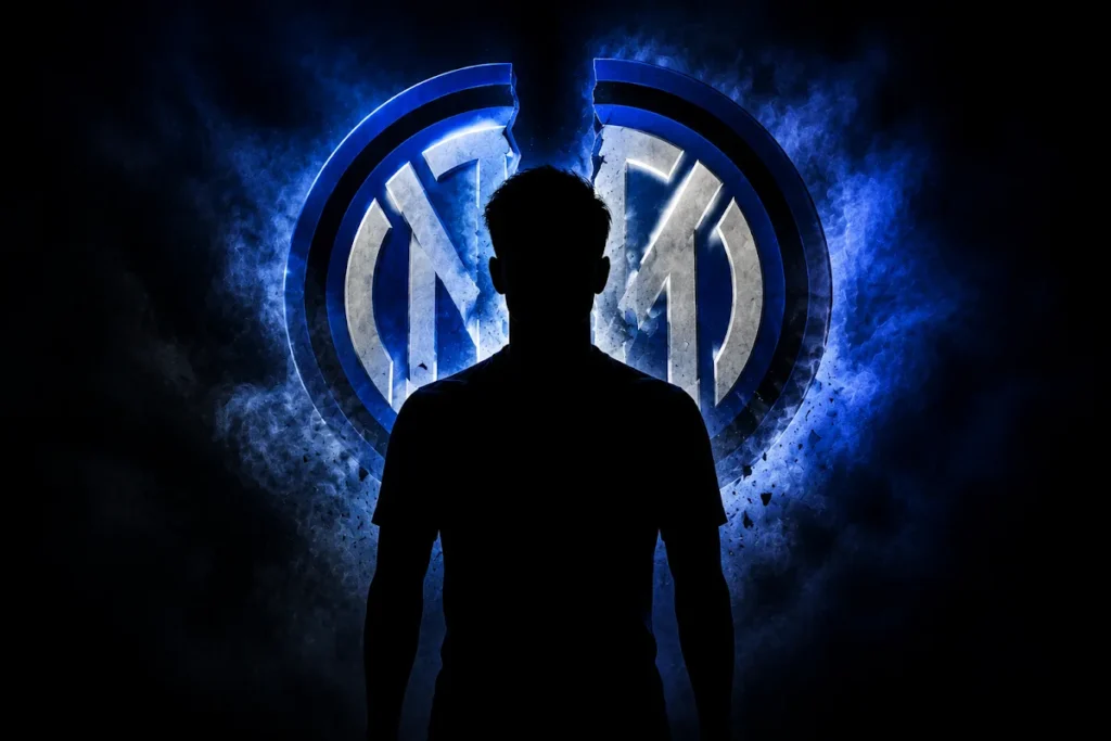 Silhouette di giocatore davanti al logo dell'Inter spezzato in sfondo blu
