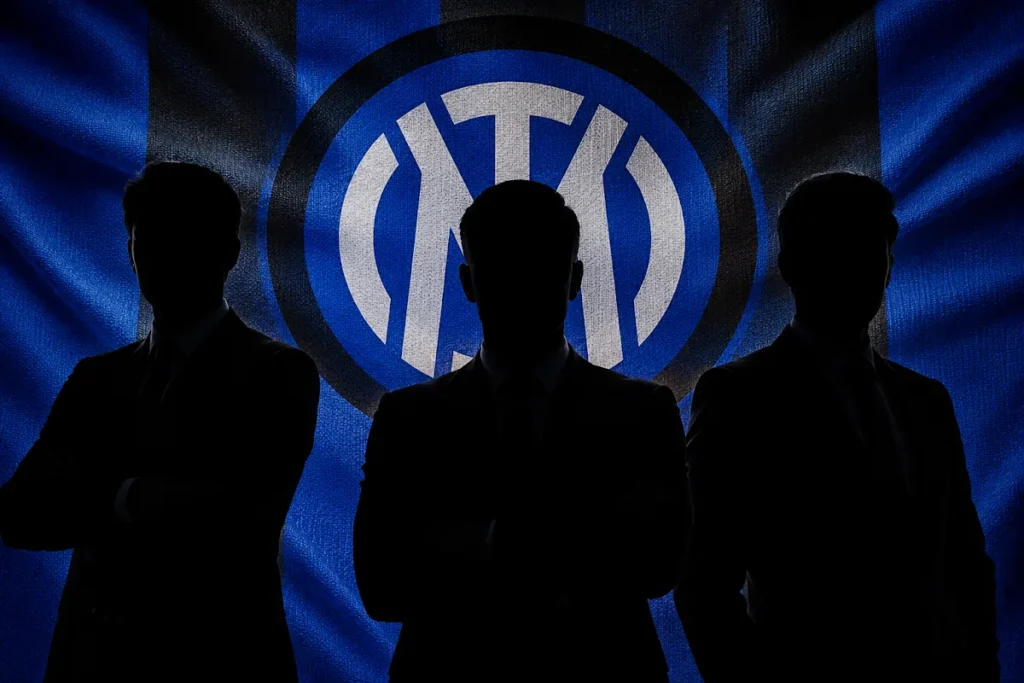 Tre figure in silhouette davanti al logo dell'Inter, simbolo del mercato nerazzurro