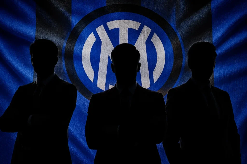 Tre figure in silhouette davanti al logo dell'Inter, simbolo di mercato e trattative calcistiche