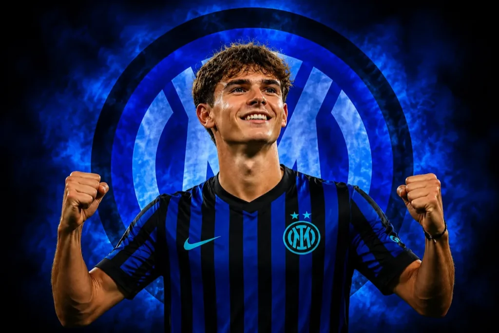 Nico Paz in maglia Inter a righe blu e nere, sorridente con i pugni chiusi in celebrazione su sfondo blu