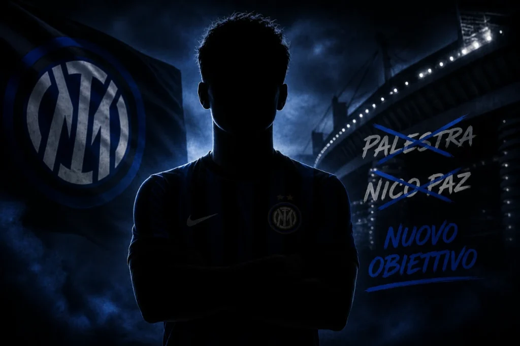 Silhouette di un giocatore Inter con stemma nerazzurro e stadio sullo sfondo