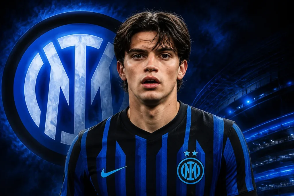 Giovane calciatore dell'Inter in maglia nerazzurra a righe con logo del club, sfondo stadio blu