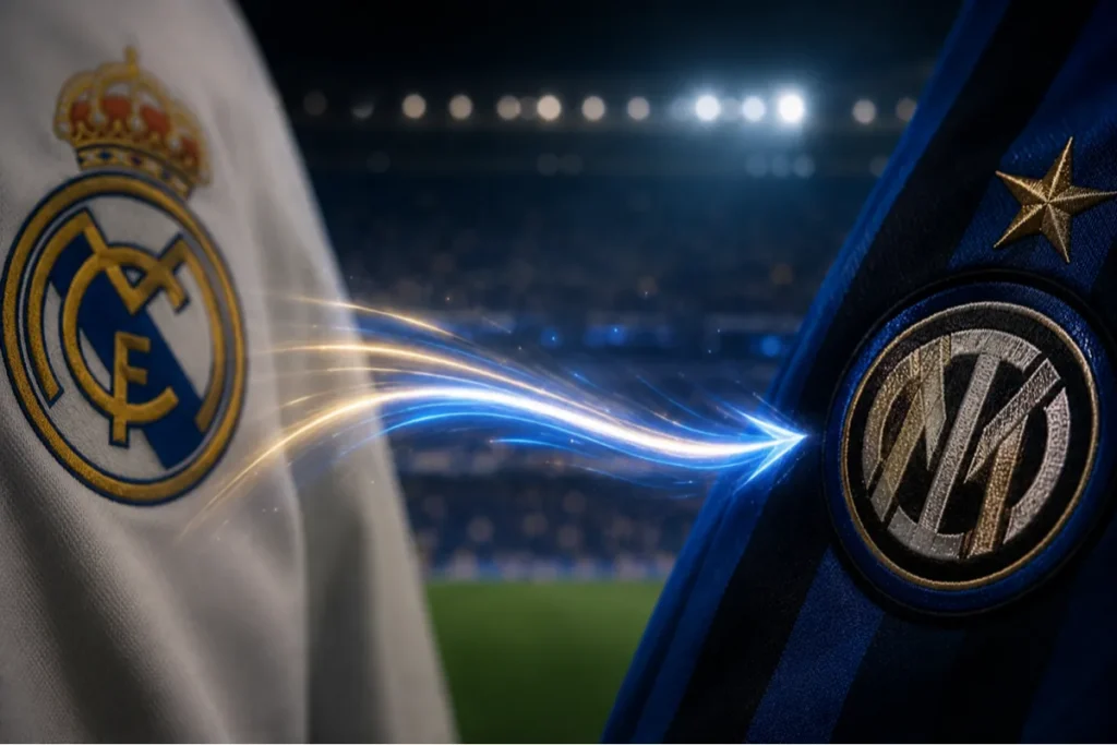 Stemmi di Real Madrid e Inter a confronto con stadio illuminato sullo sfondo