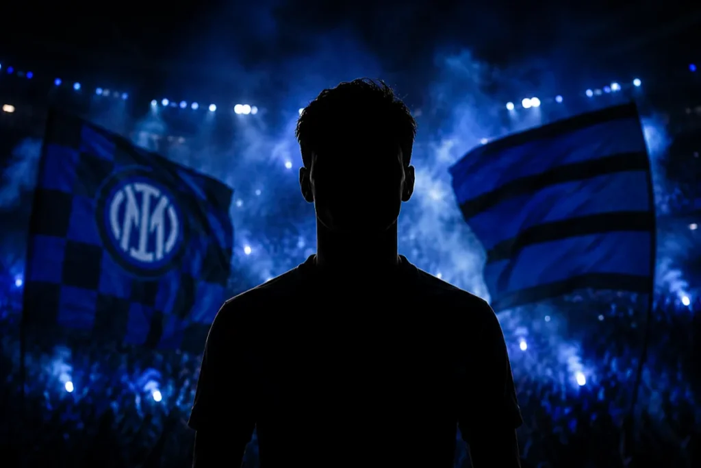 Silhouette di calciatore davanti allo stadio dell'Inter illuminato, simbolo del calciomercato nerazzurro