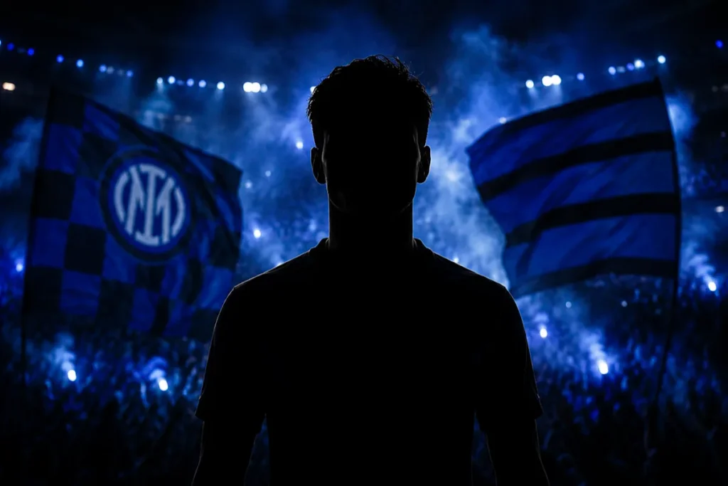 Silhouette di giocatore Inter davanti allo stadio illuminato con bandiere nerazzurre e logo Inter