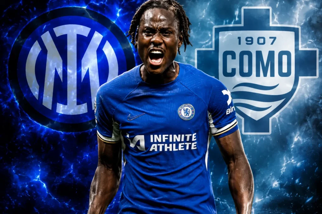 Chalobah in maglia Chelsea tra i loghi di Inter e Como, al centro delle trattative di mercato estivo