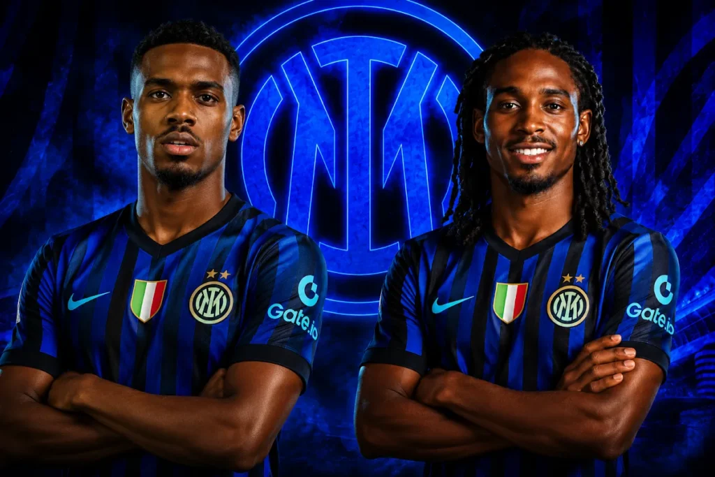 Douè e Spence in maglia nerazzurra con logo Inter illuminato sullo sfondo blu