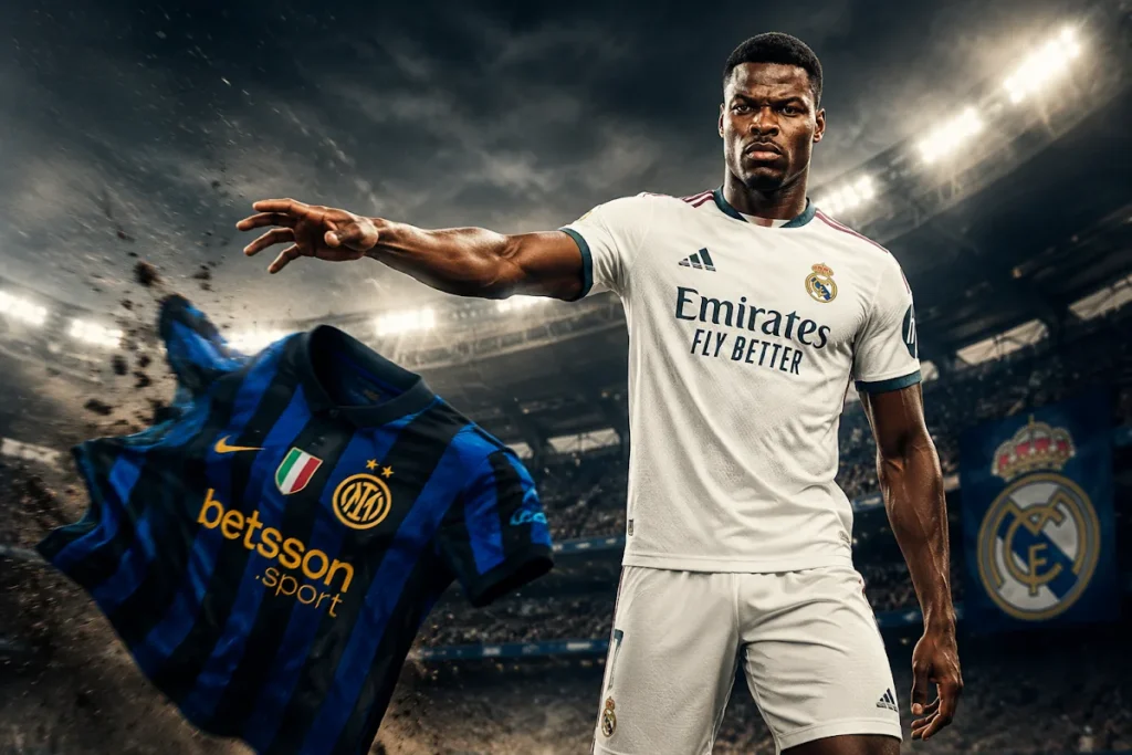 Dumfries in maglia Real Madrid con alle spalle la maglietta Inter blu con logo Betsson, in uno stadio illuminato
