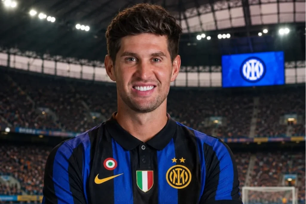 John Stones in maglia Inter, ritratto nello stadio con lo stemma nerazzurro sullo sfondo