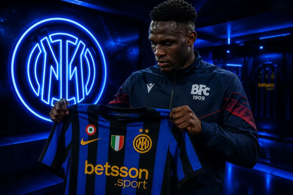 Lucumí tiene la maglia dell'Inter davanti al logo nerazzurro illuminato in neon