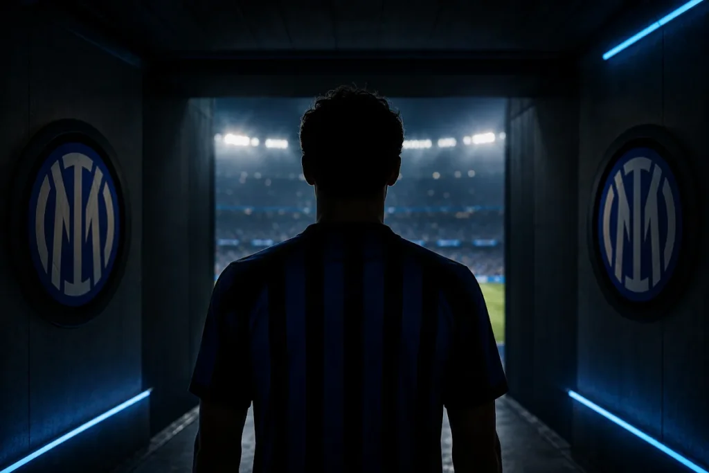 Giocatore Inter in maglia nerazzurra nella silhouette nello spogliatoio, loghi Inter visibili sullo sfondo