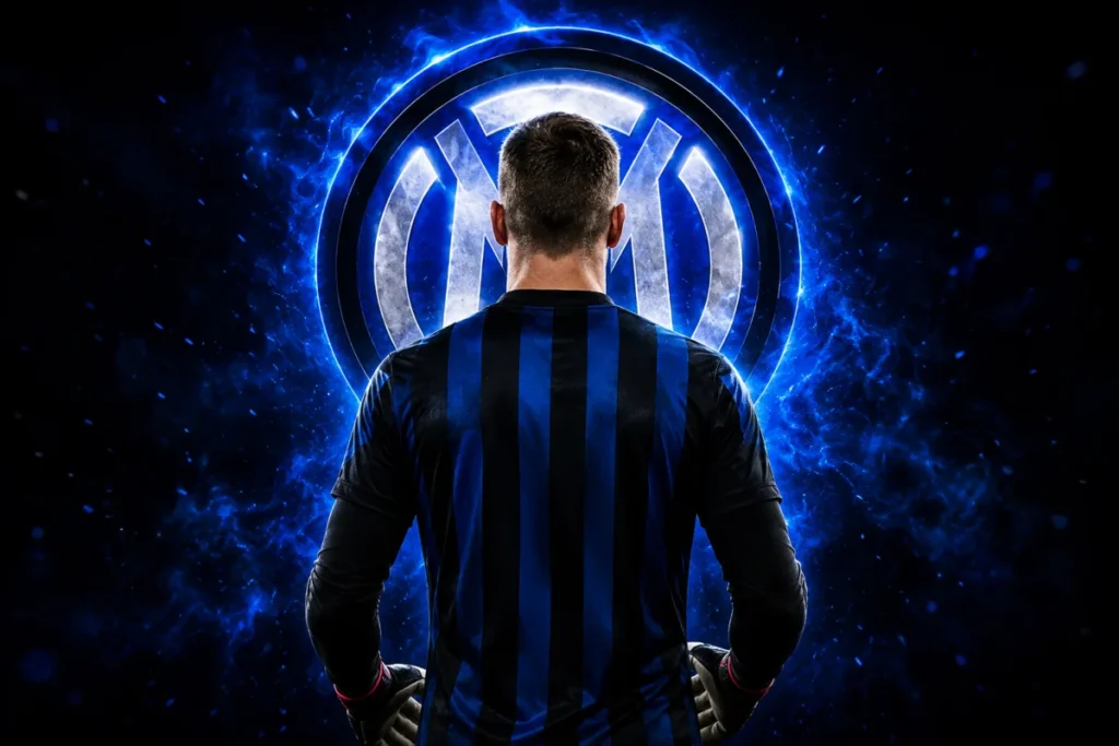 Portiere di spalle in maglia Inter a righe blu e nere, circondato da aura luminosa blu con logo Inter
