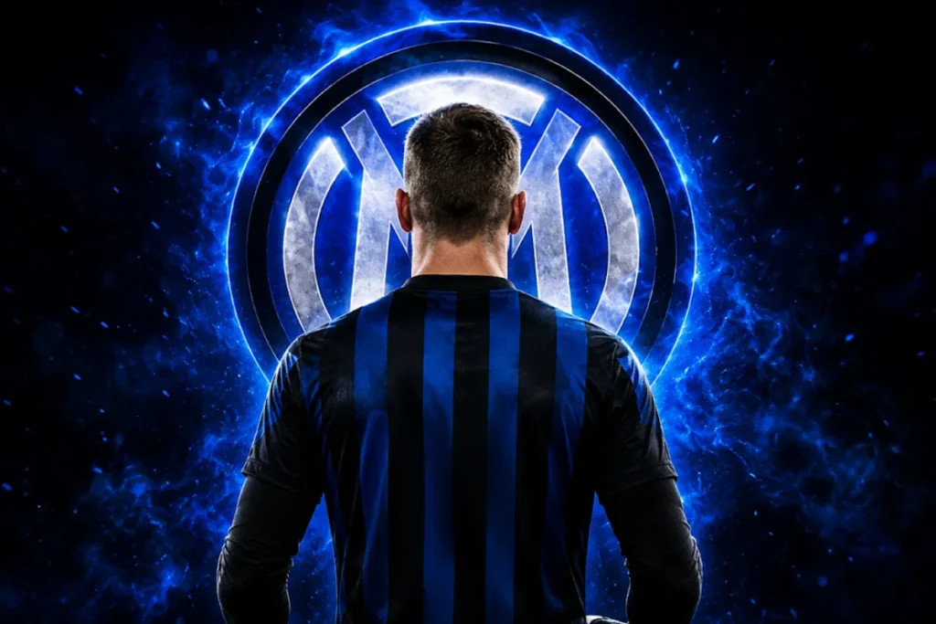 Giocatore dell'Inter con maglia a strisce blu e nere di spalle con logo Inter illuminato sullo sfondo