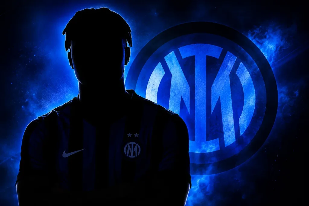 Giocatore in silhouette con logo nerazzurro sullo sfondo, tema mercato
