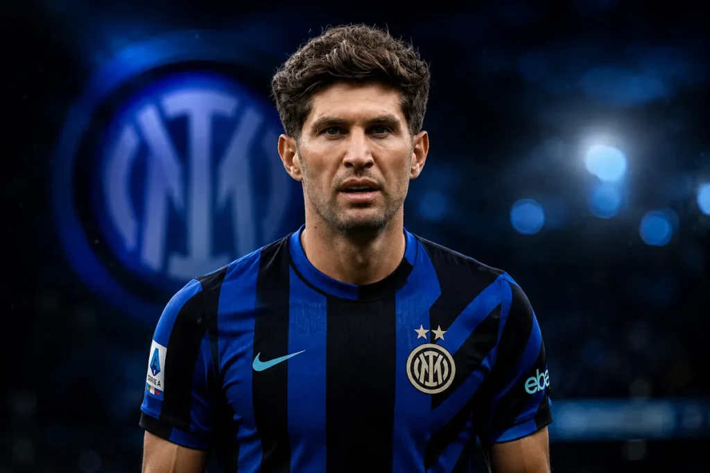 John Stones in maglia Inter a righe blu e nero con logo nerazzurro e sponsor