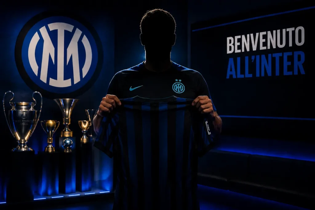 Nuovo acquisto Inter con maglia nerazzurra davanti al logo e ai trofei del club in studio fotografico