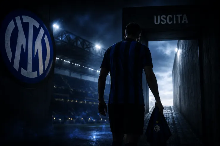 Silhouette di giocatore Inter all'uscita dello stadio con logo nerazzurro illuminato sullo sfondo
