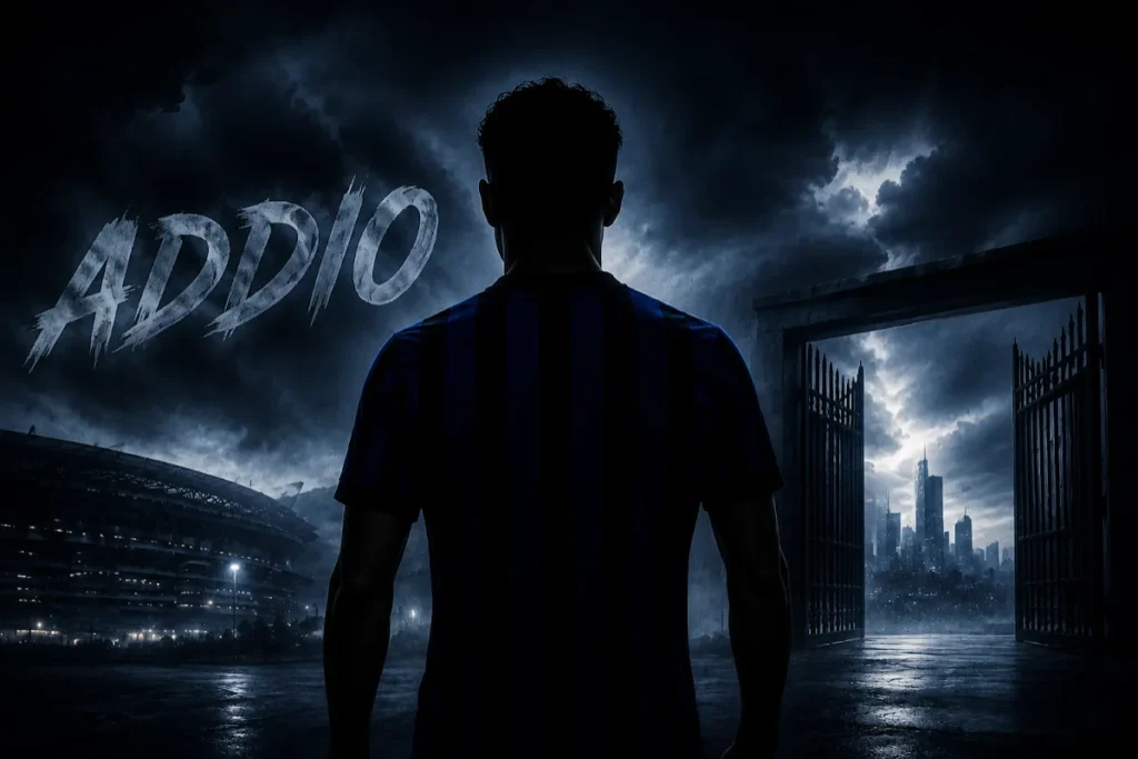 Silhouette di giocatore in maglia Inter di fronte a uno stadio, con la scritta Addio sullo sfondo