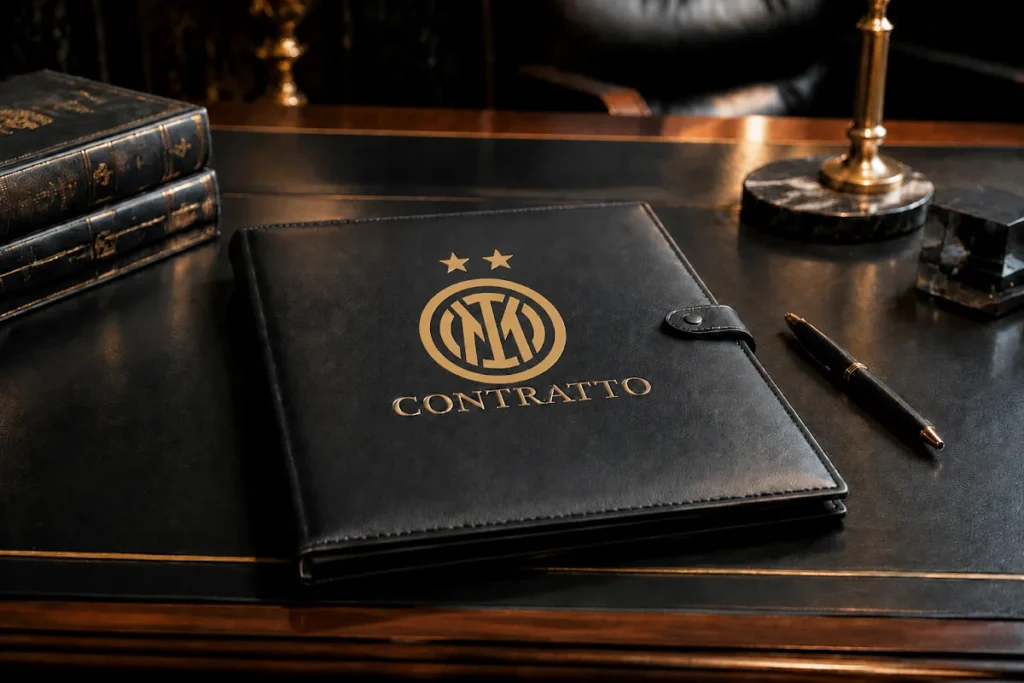 Cartella contrattuale Inter nera in pelle con logo oro e due stelle, penna e libri su scrivania
