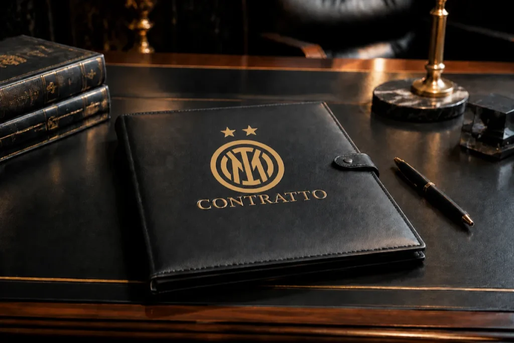 Cartella contrattuale Inter in pelle nera con logo e due stelle dorate su scrivania elegante con accessori