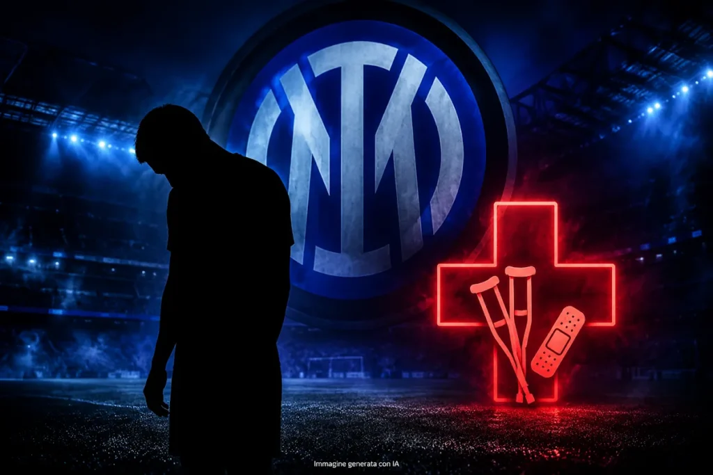 Silhouette di un giocatore Inter davanti allo stemma nerazzurro e simbolo medico in neon rosso, rappresentazione dell'infortunio
