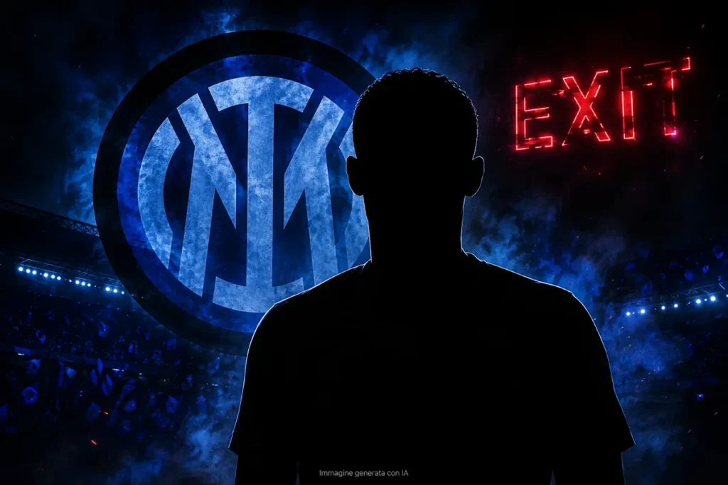 Silhouette di giocatore davanti al logo dell'Inter in uno stadio illuminato, con scritta EXIT in rosso