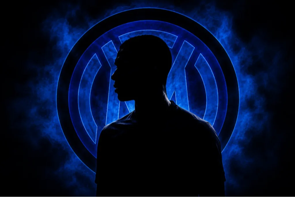 Silhouette di giocatore con sfondo blu neon, tema mercato calcistico Inter