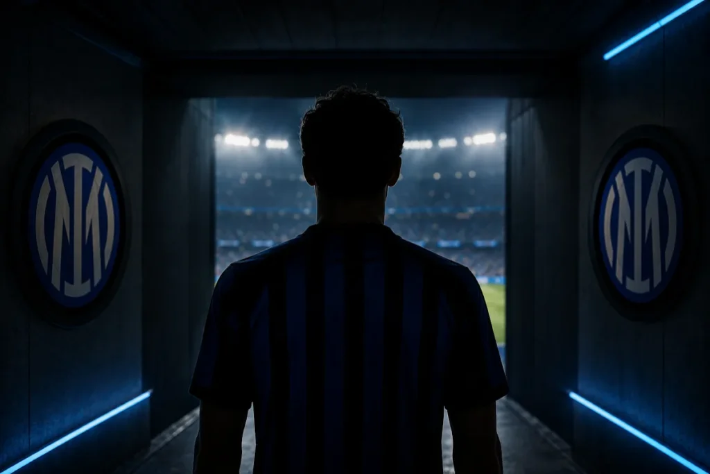 Giocatore Inter in maglia nerazzurra nello spogliatoio, visto da dietro verso il campo illuminato dello stadio