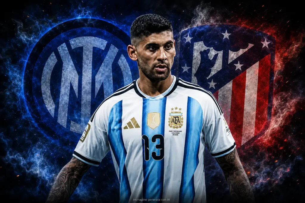 Cristian Romero in maglia Argentina numero 13, con stemmi Inter e Atletico Madrid sullo sfondo